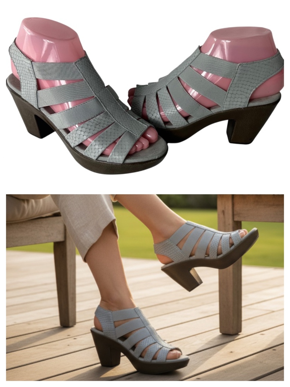Munro Cookie Sandals Womens Sz 6.5 Silver Gray Slingback Block Heel Leather
